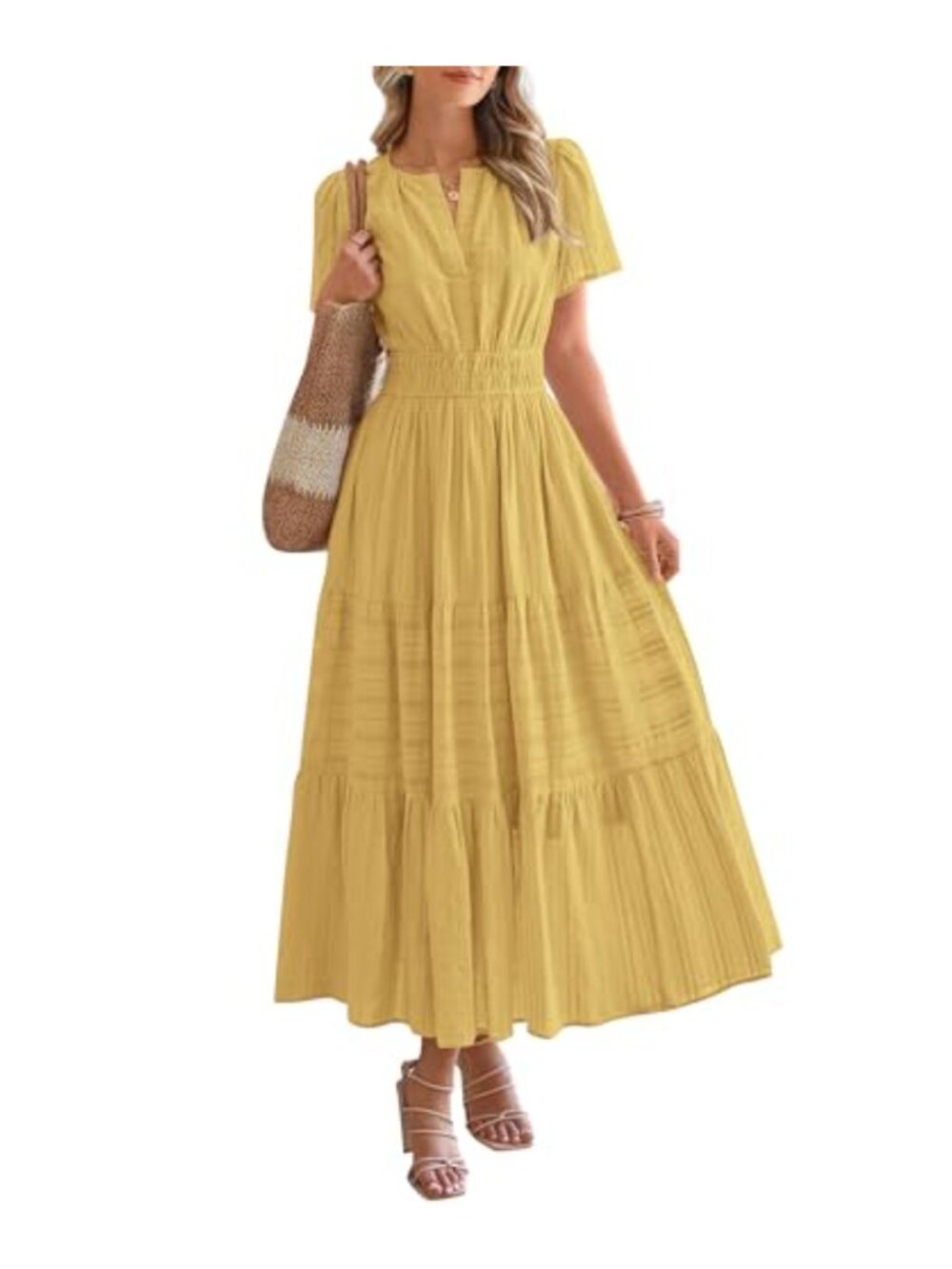 Short Sleeve V Neck Elastic Waist Tiered Maxi Dress with Pockets